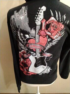 Vintage Rock & Roll Cowgirl Black Rhinestone Rose Guitar Hoodie Medium